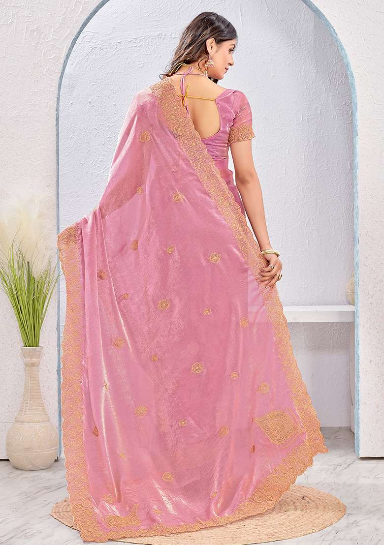 Dusty Pink Embrodery Work Silk Blend Saree Set for Diwali and Festive Wear - Indya
