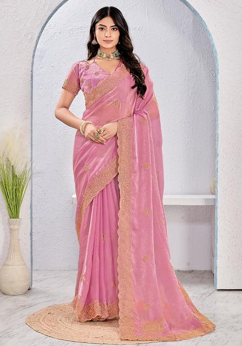 Dusty Pink Embrodery Work Silk Saree Set