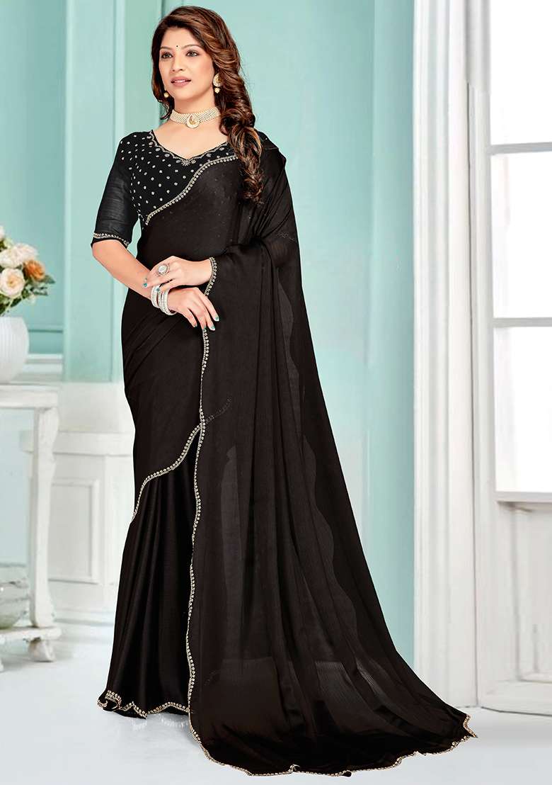 Black Embrodery Work Silk Blend Saree Set for Diwali | Wedding & Festive Wear - Indya
