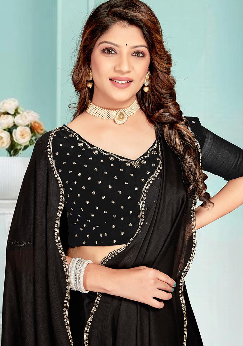 Black Embrodery Work Silk Saree Set - Indya