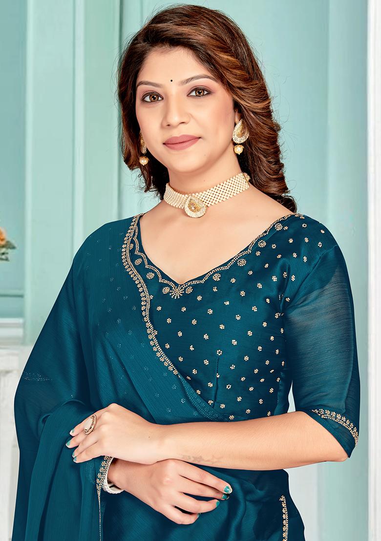 Morpeach Embrodery Work Silk Saree Set - Indya