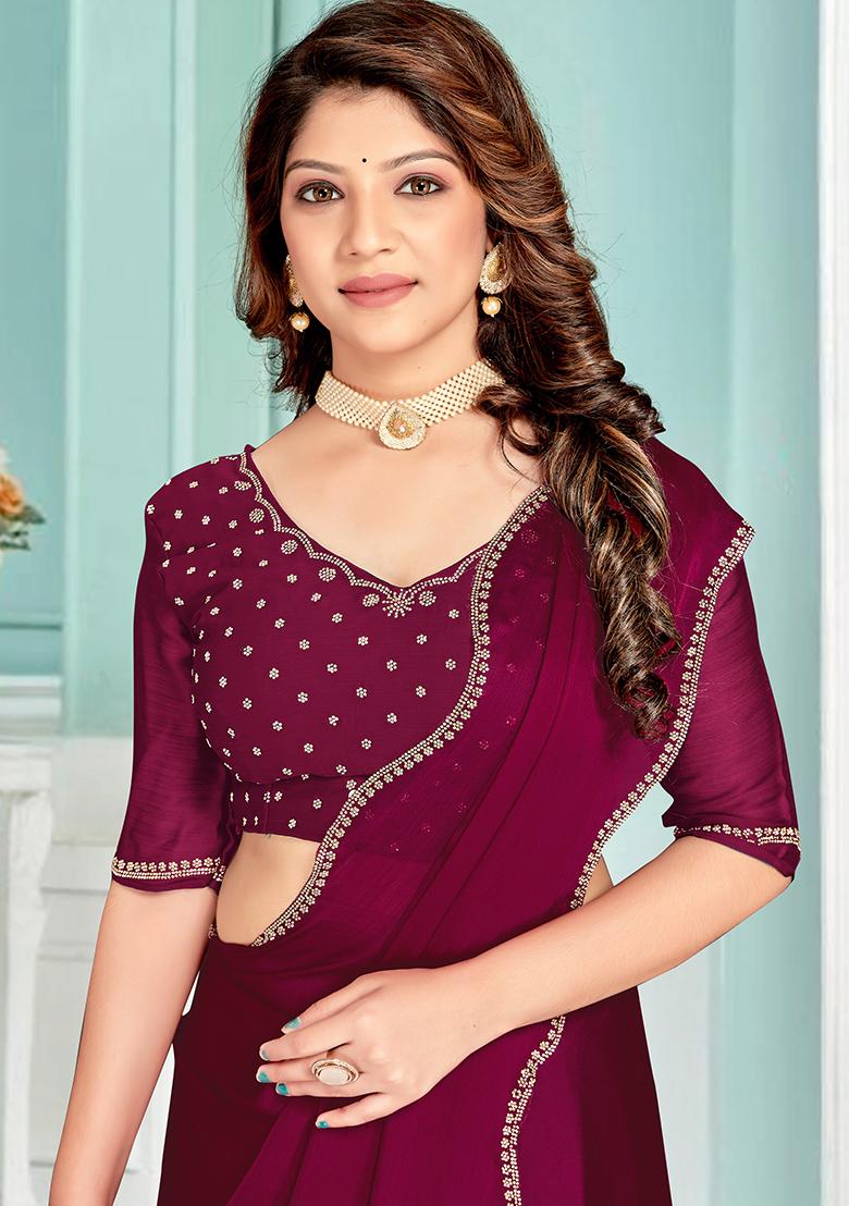 Wine Embrodery Work Silk Saree Set - Indya
