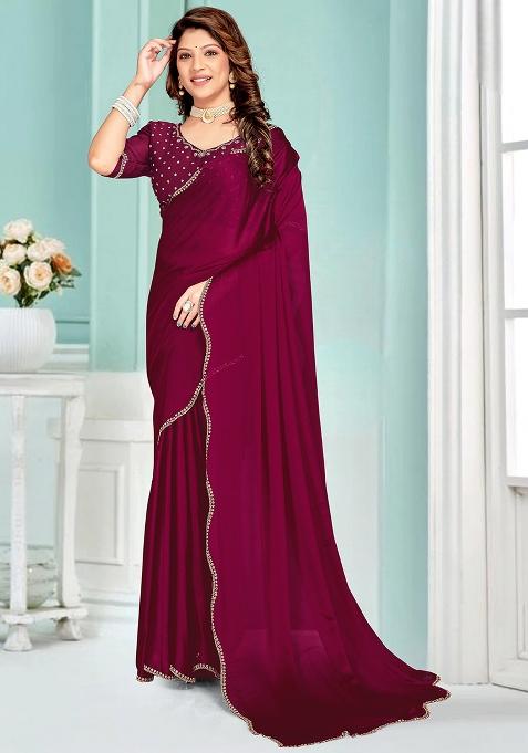 Wine Embrodery Work Silk Saree Set