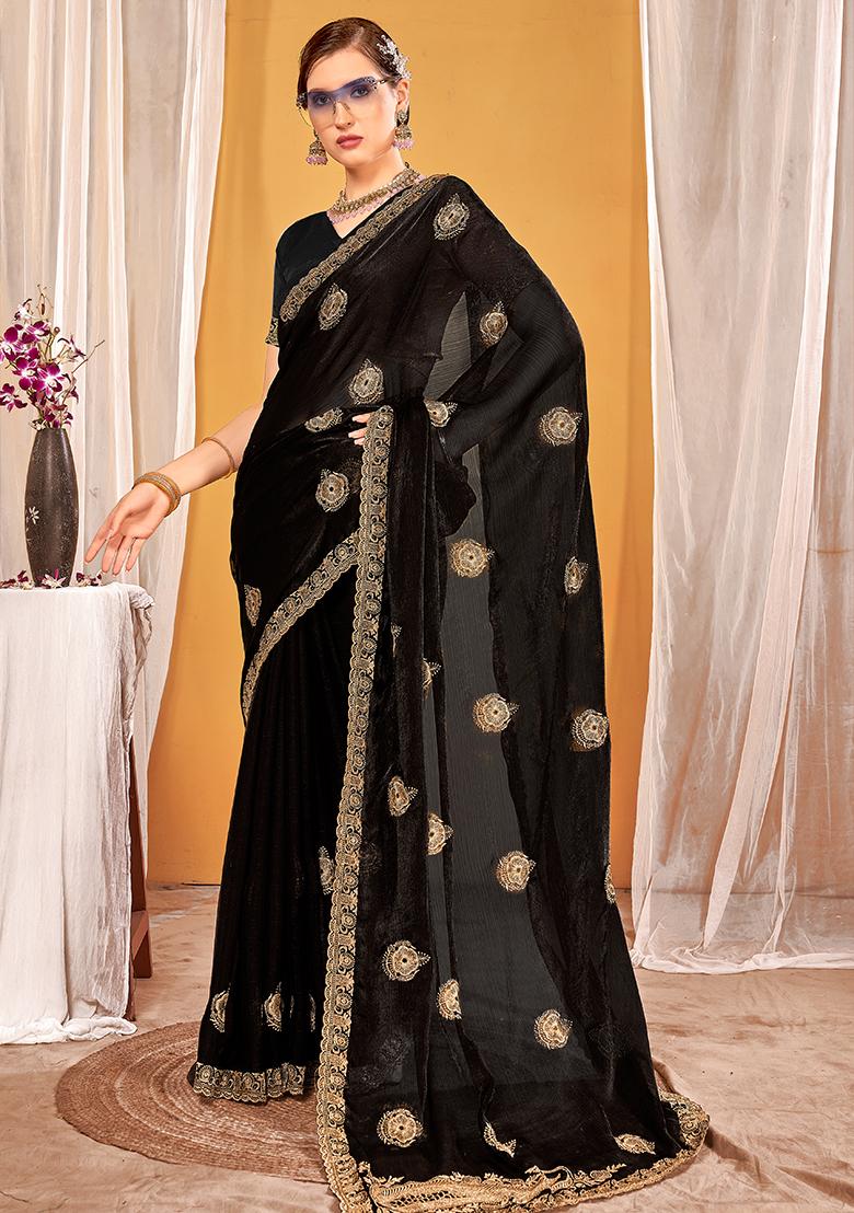 Black Embrodery Work Silk Saree Set - Indya