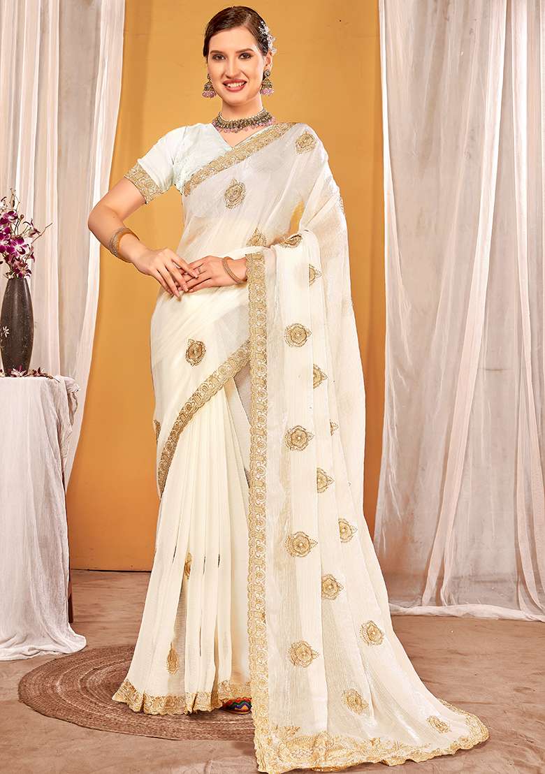 White Embrodery Work Silk Blend Saree Set for Diwali | Wedding & Festive Wear - Indya