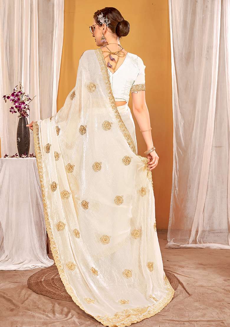 White Embrodery Work Silk Blend Saree Set for Diwali | Wedding & Festive Wear - Indya
