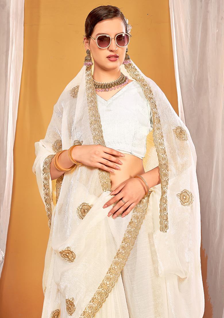 White Embrodery Work Silk Saree Set - Indya