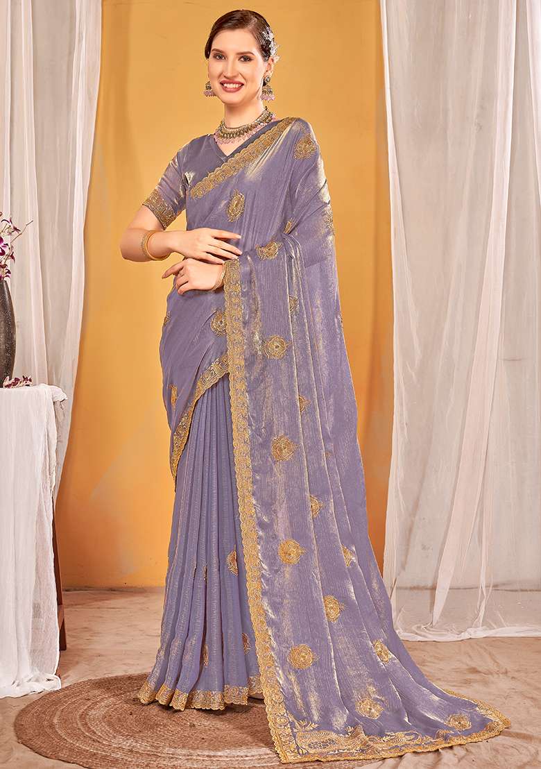 Lavender Embrodery Work Silk Blend Saree Set for Diwali | Wedding & Festive Wear - Indya