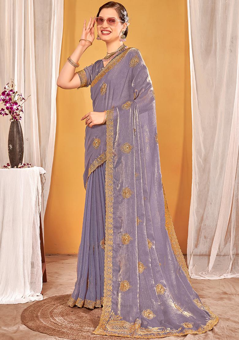 Lavender Embrodery Work Silk Saree Set - Indya