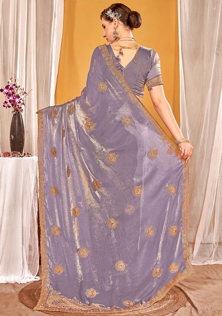 Lavender Embrodery Work Silk Blend Saree Set for Diwali | Wedding & Festive Wear - Indya