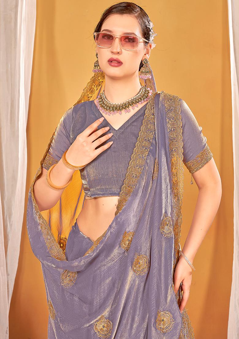 Lavender Embrodery Work Silk Saree Set - Indya