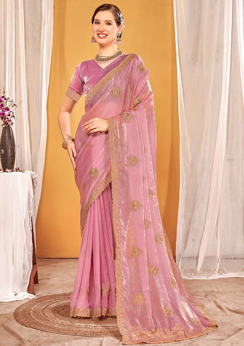 Dusty Pink Embrodery Work Silk Blend Saree Set for Diwali and Festive Wear - Indya