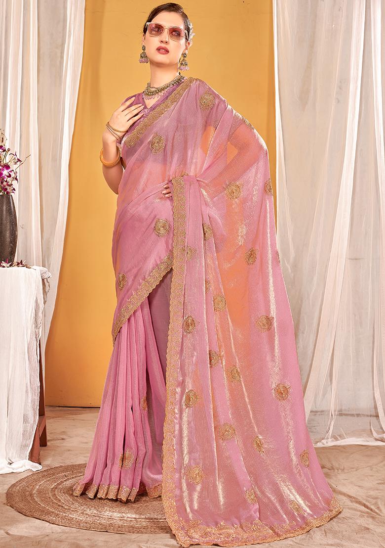 Dusty Pink Embrodery Work Silk Saree Set - Indya