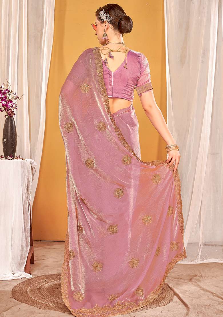 Dusty Pink Embrodery Work Silk Blend Saree Set for Diwali and Festive Wear - Indya