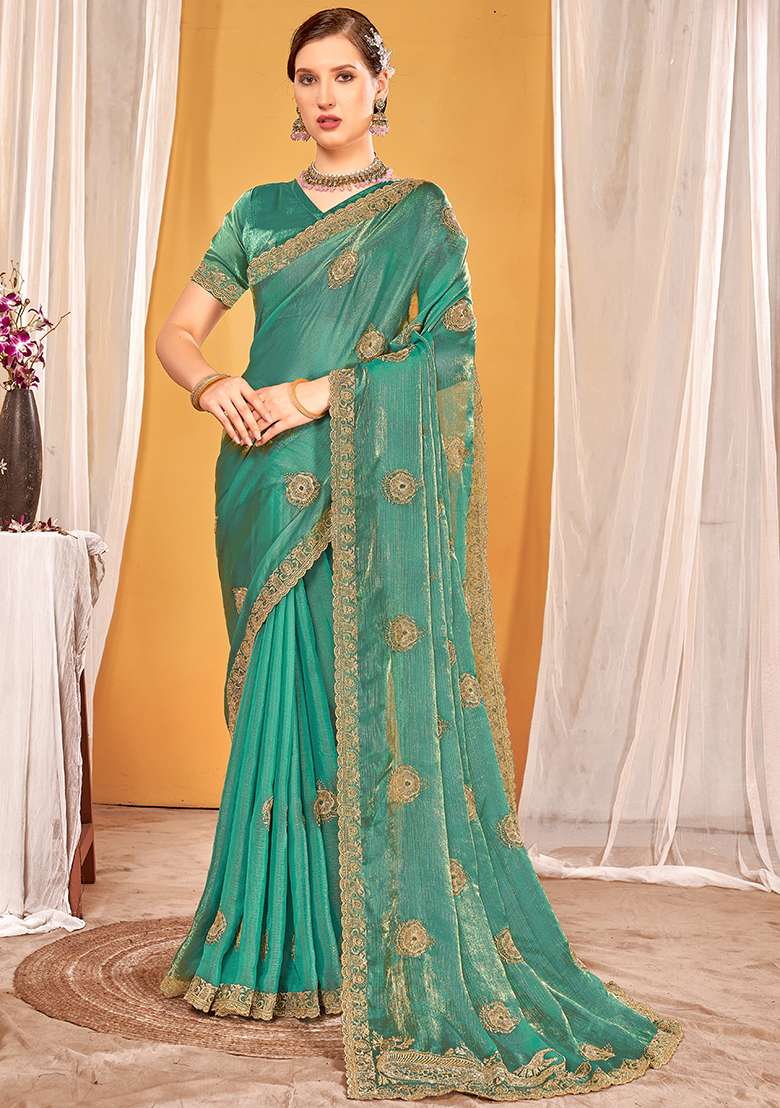 Dusty Rama Embrodery Work Silk Blend Saree Set - Indya