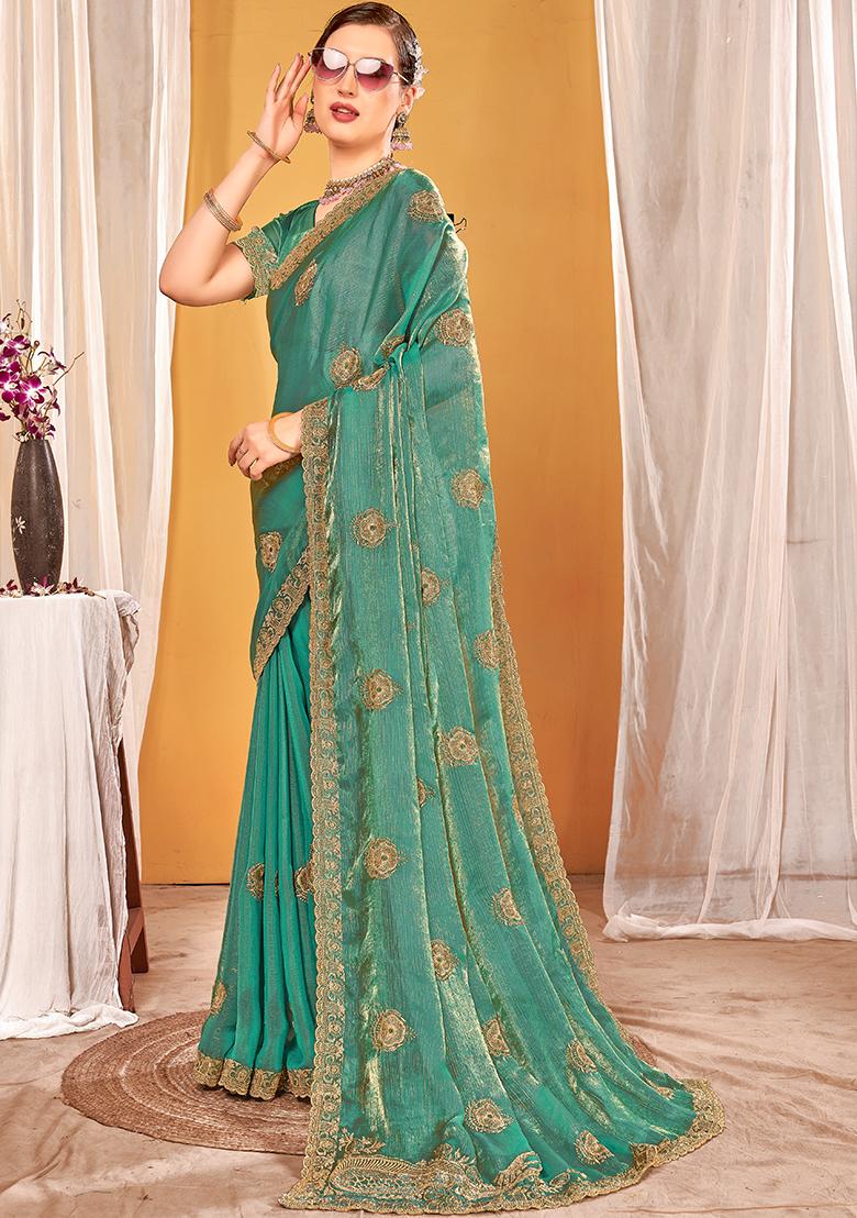 Dusty Rama Embrodery Work Silk Saree Set - Indya