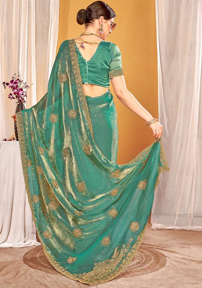Dusty Rama Embrodery Work Silk Blend Saree Set - Indya