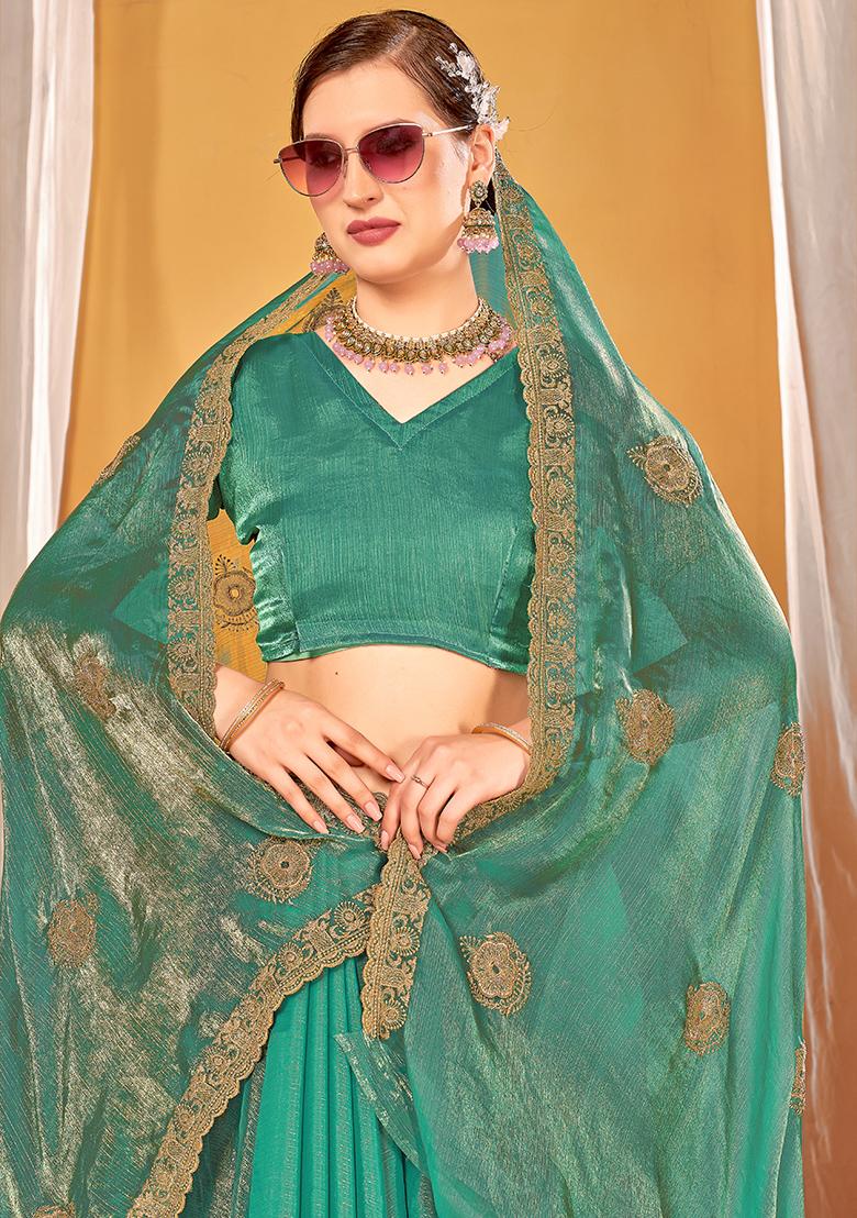 Dusty Rama Embrodery Work Silk Saree Set - Indya