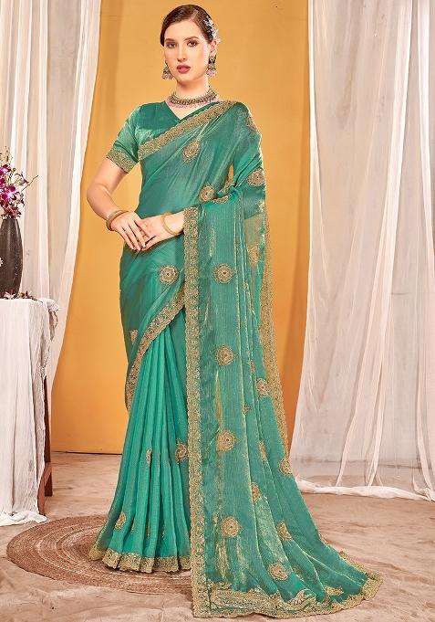 Dusty Rama Embrodery Work Silk Saree Set
