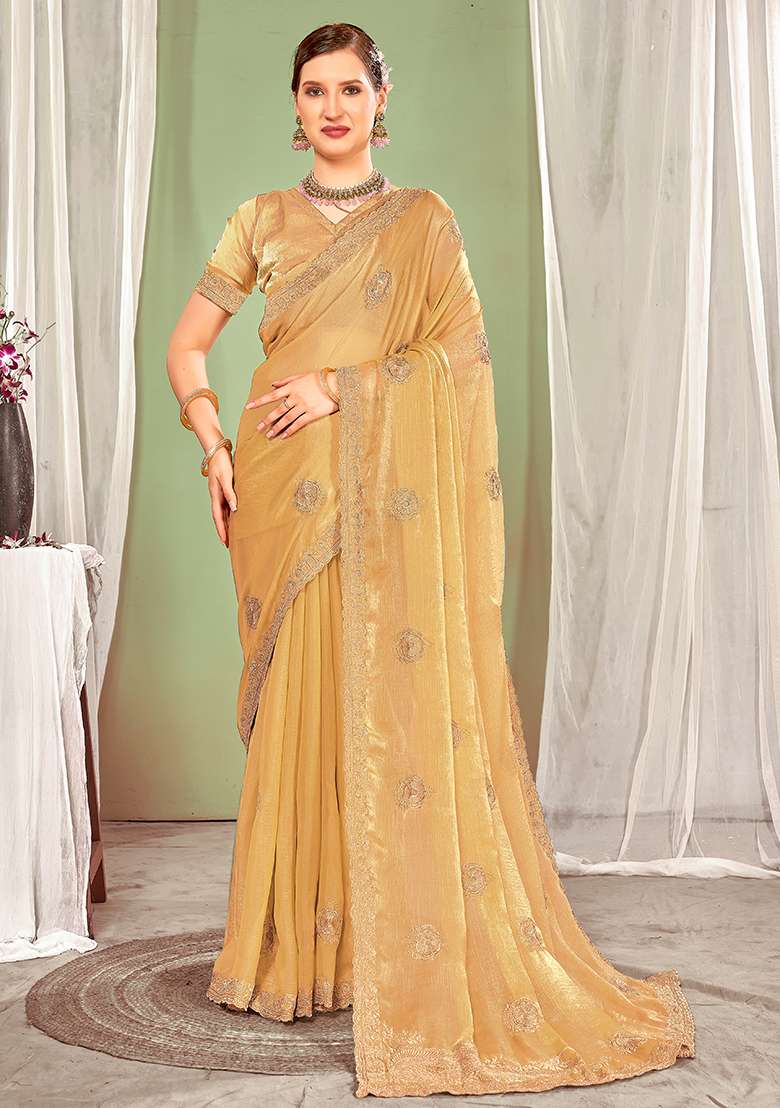 Dusty Chiku Embrodery Work Silk Blend Saree Set for Diwali | Wedding & Festive Wear - Indya