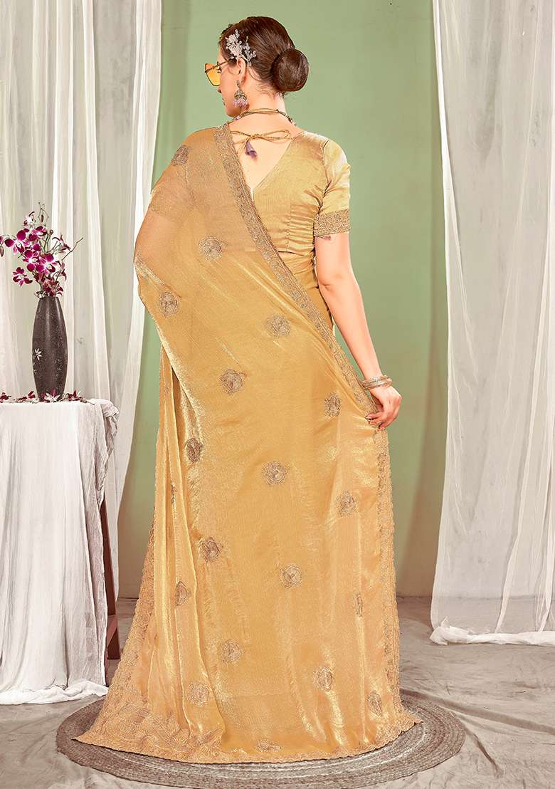 Dusty Chiku Embrodery Work Silk Blend Saree Set for Diwali | Wedding & Festive Wear - Indya