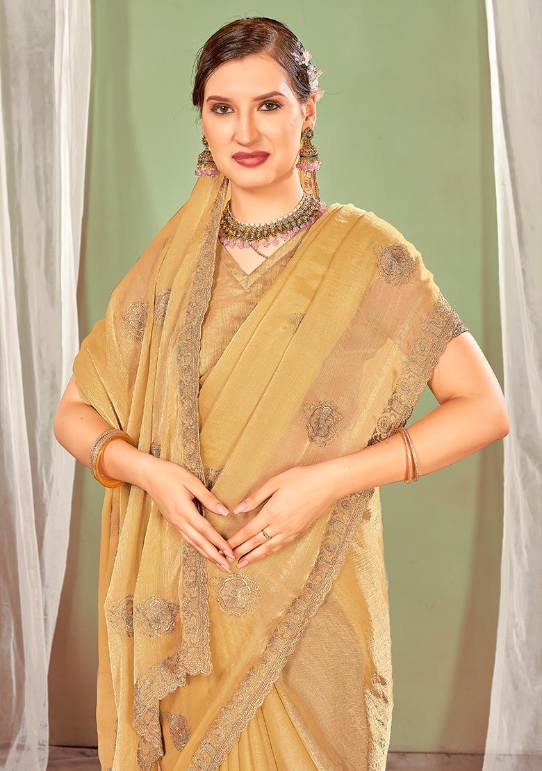 Dusty Chiku Embrodery Work Silk Saree Set - Indya