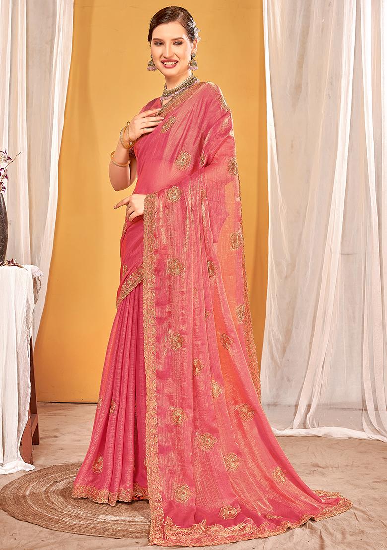 Dusty Gajari Embrodery Work Silk Saree Set - Indya