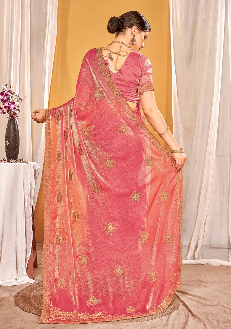 Dusty Gajari Embrodery Work Silk Saree Set