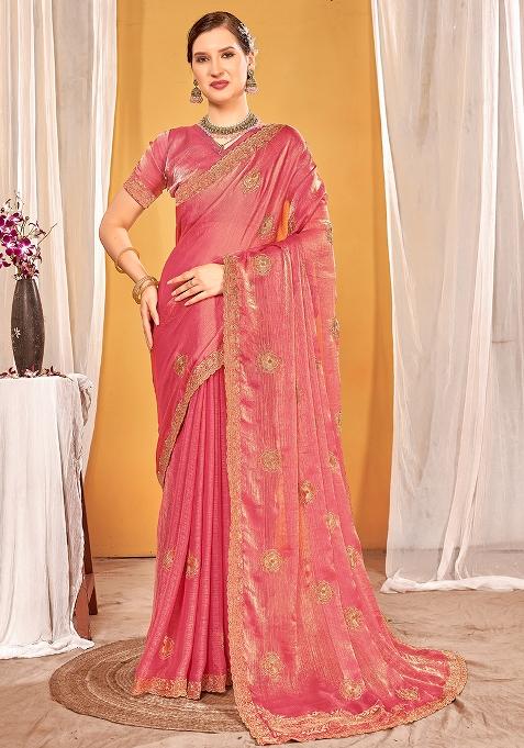Dusty Gajari Embrodery Work Silk Saree Set