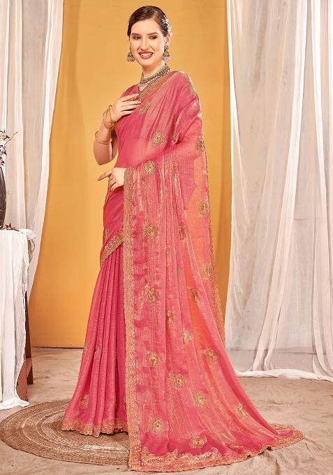 Dusty Gajari Embrodery Work Silk Saree Set