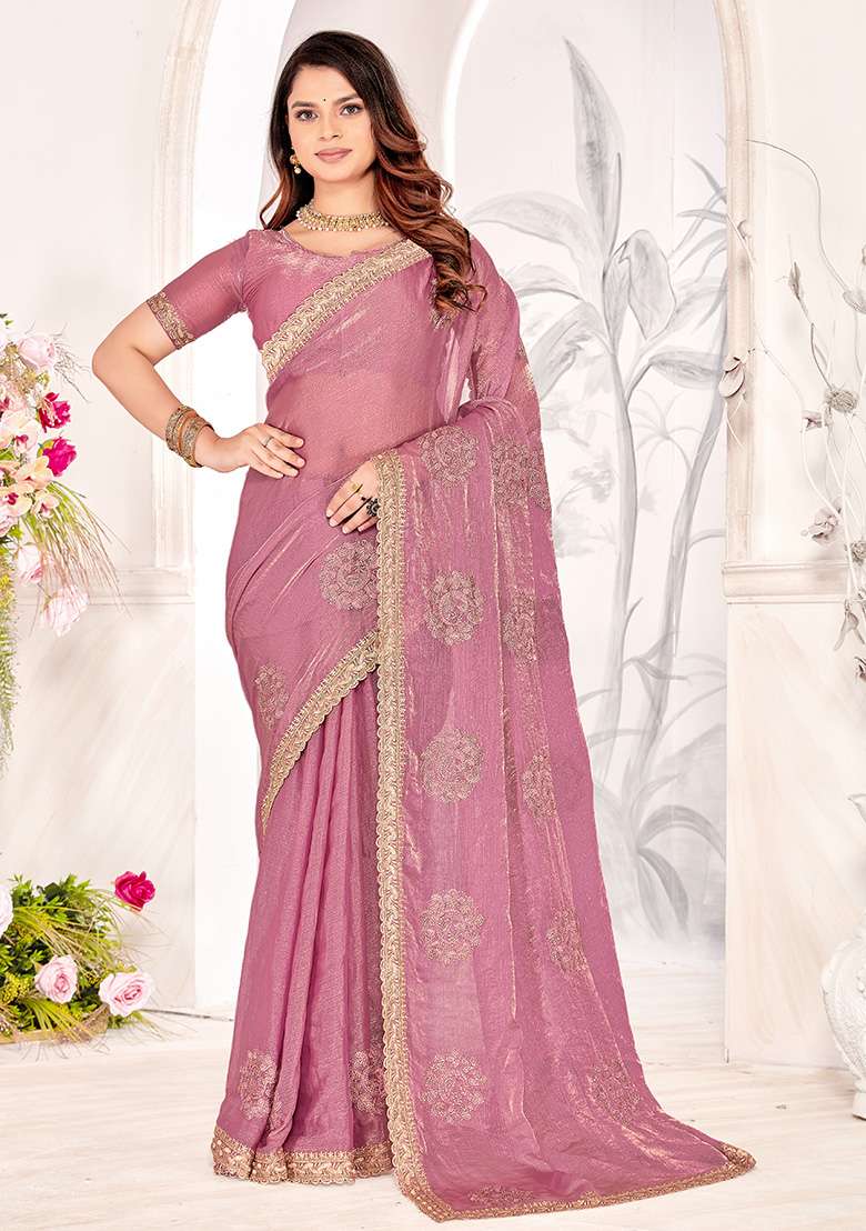 Dusty Pink Embrodery Work Silk Blend Saree Set for Diwali | Wedding & Festive Wear - Indya