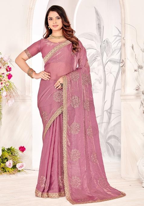 Dusty Pink Embrodery Work Silk Saree Set