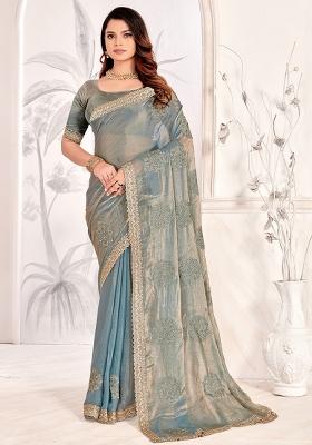 Dusty Rama Embrodery Work Silk Saree Set
