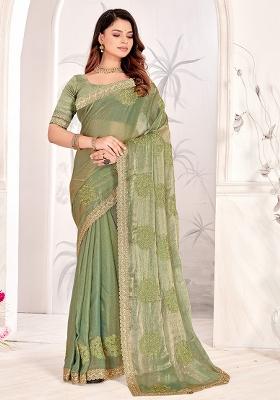 Dusty Mehandi Embrodery Work Silk Saree Set