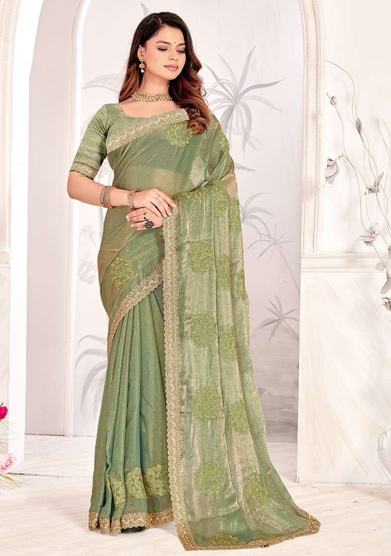 Dusty Mehandi Embrodery Work Silk Blend Saree Set for Diwali | Wedding & Festive Wear - Indya
