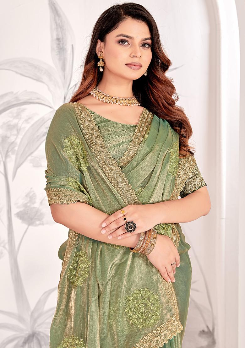 Dusty Mehandi Embrodery Work Silk Saree Set - Indya