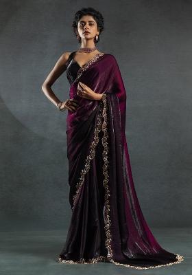Wine Embrodery Work Silk Saree Set