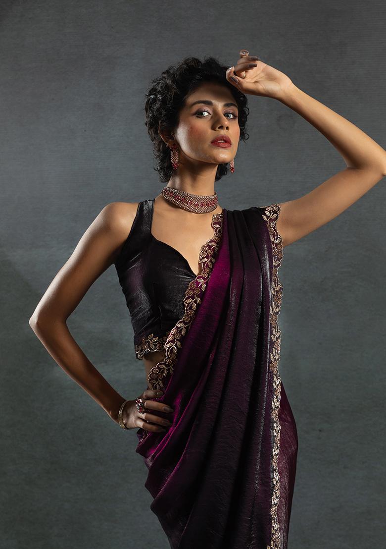 Wine Embrodery Work Silk Saree Set - Indya