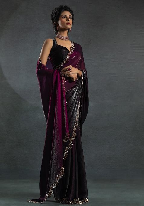 Wine Embrodery Work Silk Saree Set