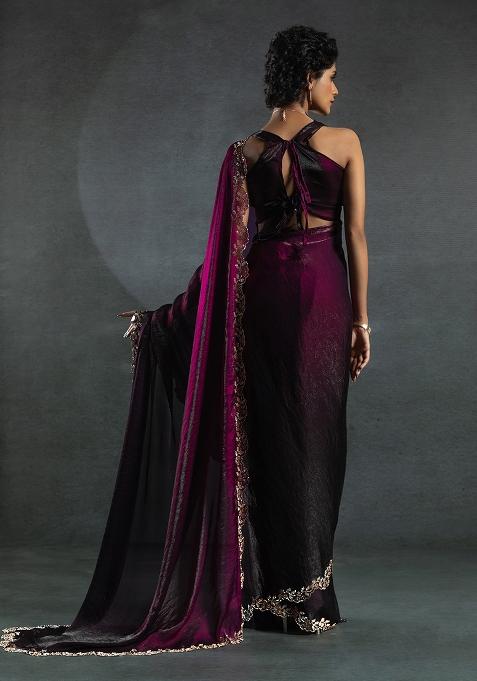 Wine Embrodery Work Silk Saree Set