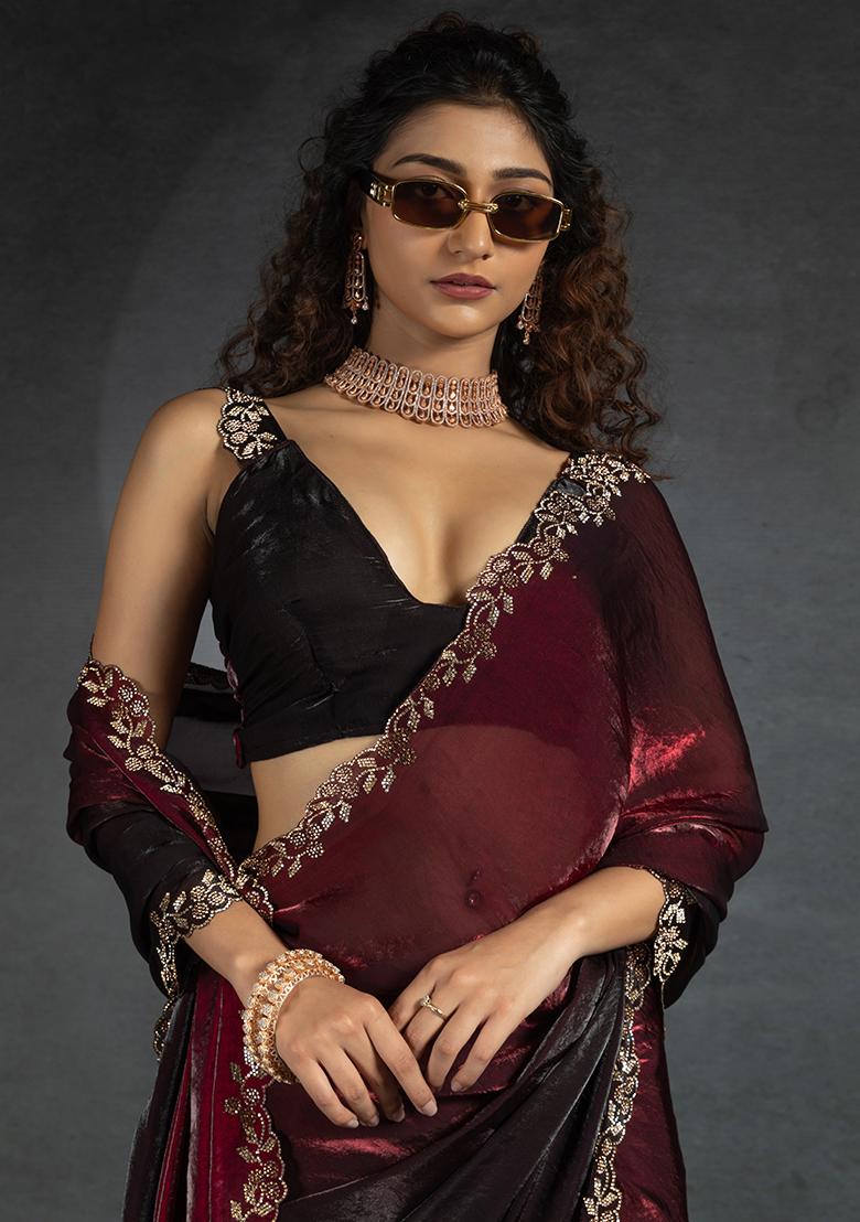 Maroon Embrodery Work Silk Saree Set - Indya