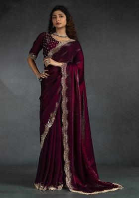 Wine Embrodery Work Silk Saree Set