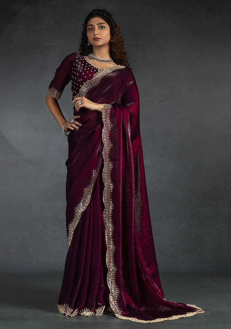 Wine Embrodery Work Silk Blend Saree Set for Diwali | Wedding & Festive Wear - Indya
