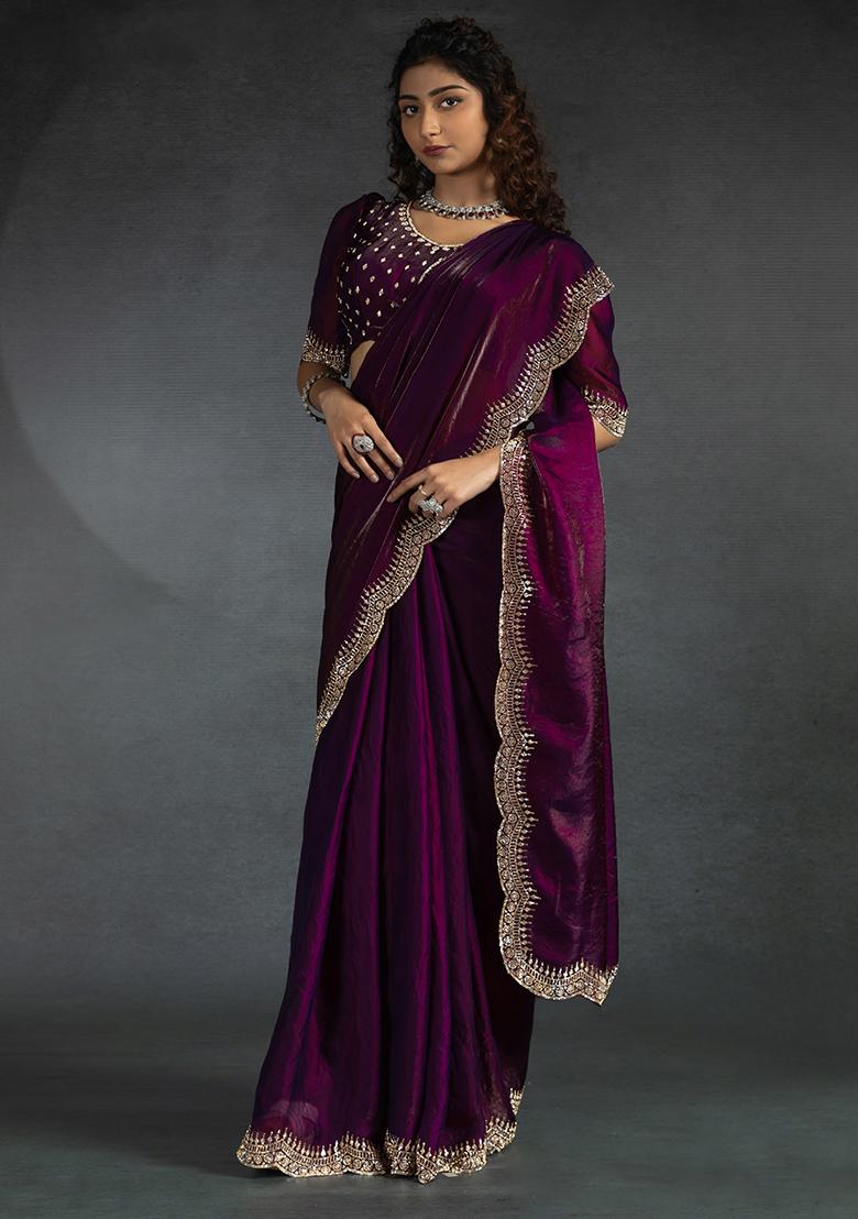 Wine Embrodery Work Silk Saree Set - Indya