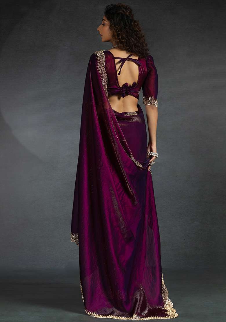 Wine Embrodery Work Silk Blend Saree Set for Diwali | Wedding & Festive Wear - Indya