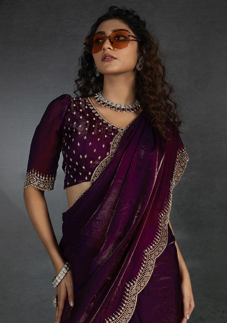 Wine Embrodery Work Silk Saree Set - Indya