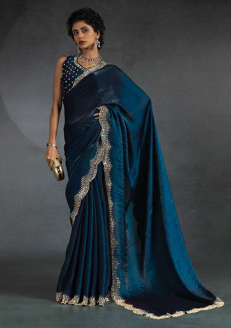 Morpeach Embrodery Work Silk Blend Saree Set for Diwali | Wedding & Festive Wear - Indya