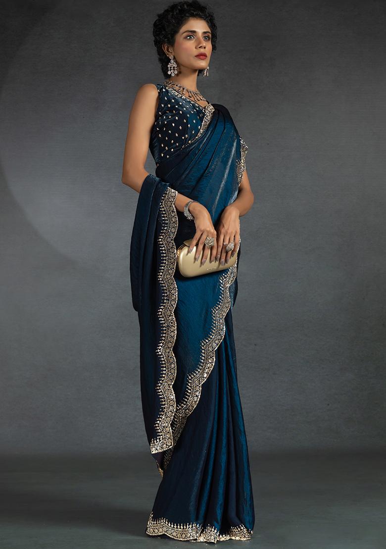 Morpeach Embrodery Work Silk Saree Set - Indya