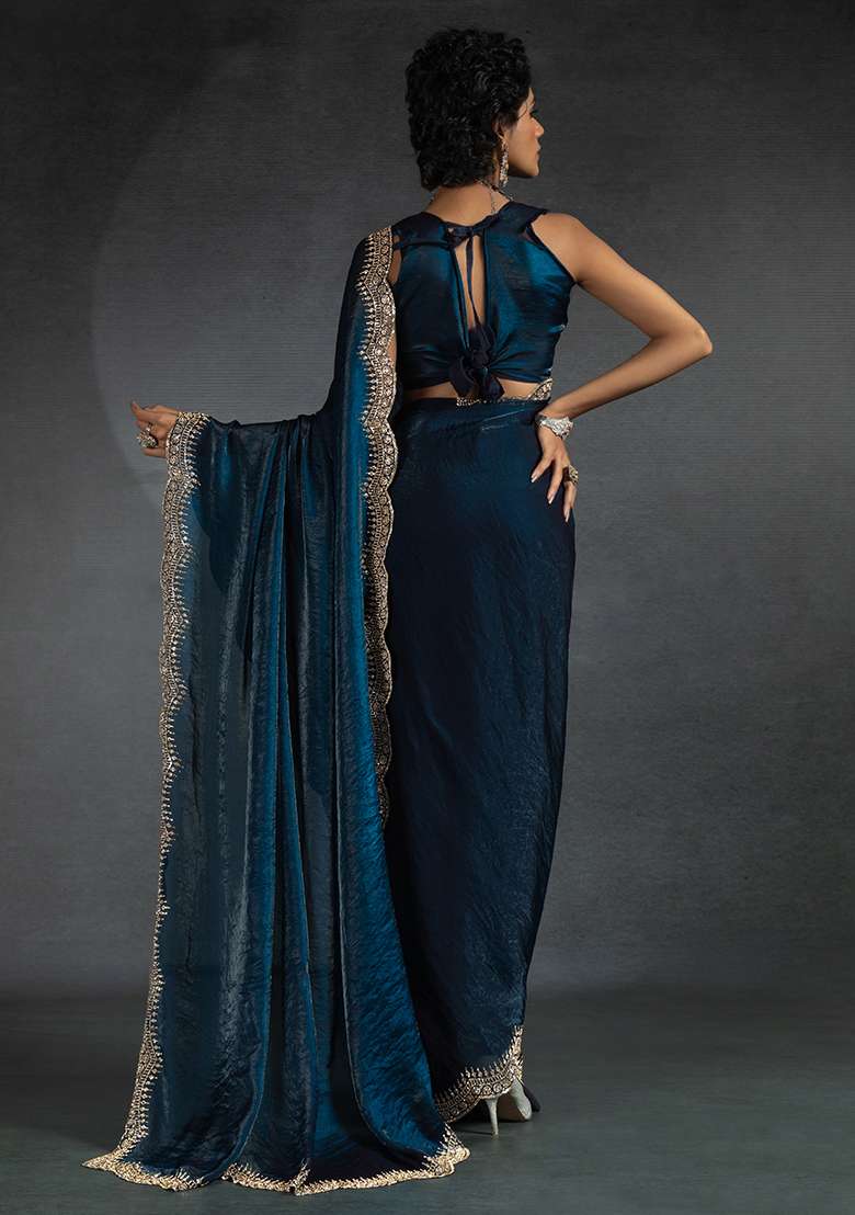 Morpeach Embrodery Work Silk Blend Saree Set for Diwali | Wedding & Festive Wear - Indya