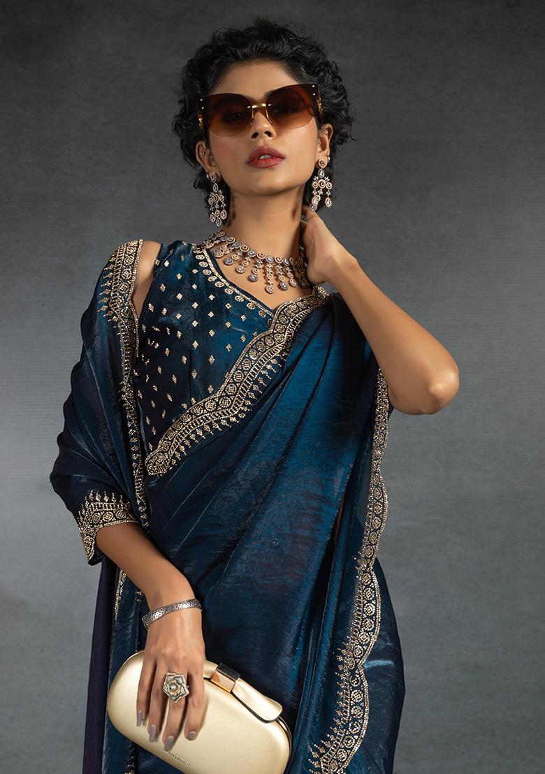 Morpeach Embrodery Work Silk Saree Set - Indya